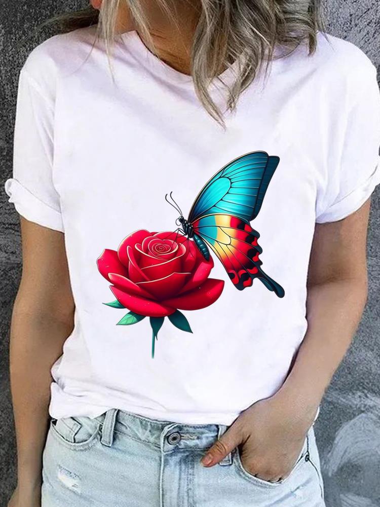 (Asian Size) Style Flower Trend 90s Casual Short Sleeve T Tee Top Clothing Shirt Women Printed Lady Fashion Female Graphic T-shirts