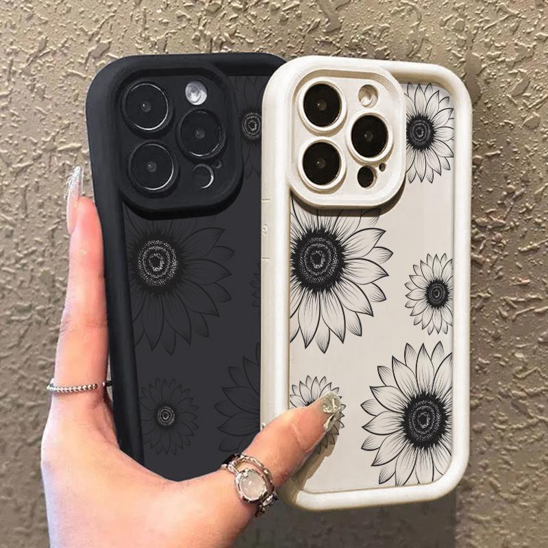 

Черный цветочный принт тонкий чехол для телефона TPU для iPhone 16 Pro Max 15 Plus 14 13 12 Pro 11 XS XR 8 7 защита объектива противоударный мягкий силиконовый чехол iPhone 16 чёрный