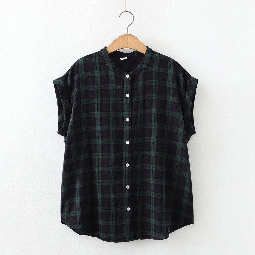 Japanese Minimalist Plaid Women's Sleeveless Stand Collar Shirt & Classic Short Sleeve Shirt