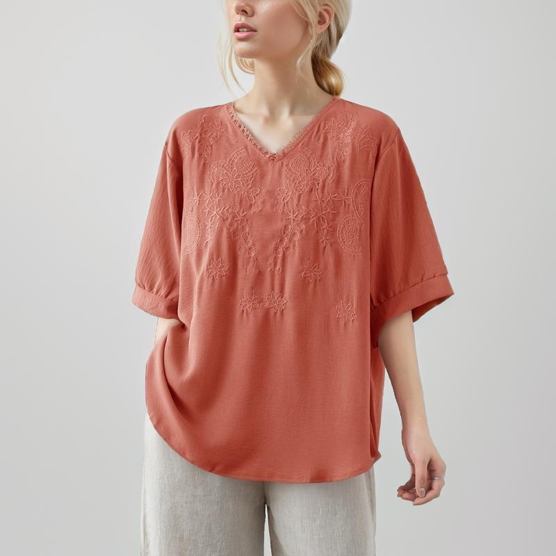 

Dimanaf Лето 2024, женская футболка больших размеров, свободные однотонные цветочные новые топы с v-образным вырезом и короткими рукавами, повседневные футболки One Size розовый