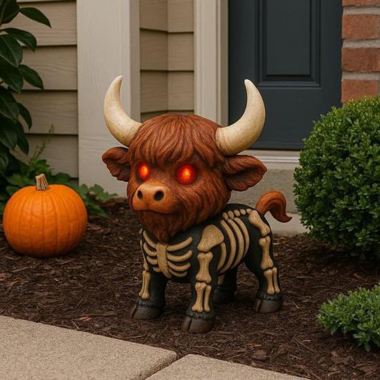 Halloween Highland Cow Figurine Spooky Skeleton Cow Statue Resin Calf Sculpture Tableop Ornament for Porch Lawn Home Kitchen Tiered Tray Decor