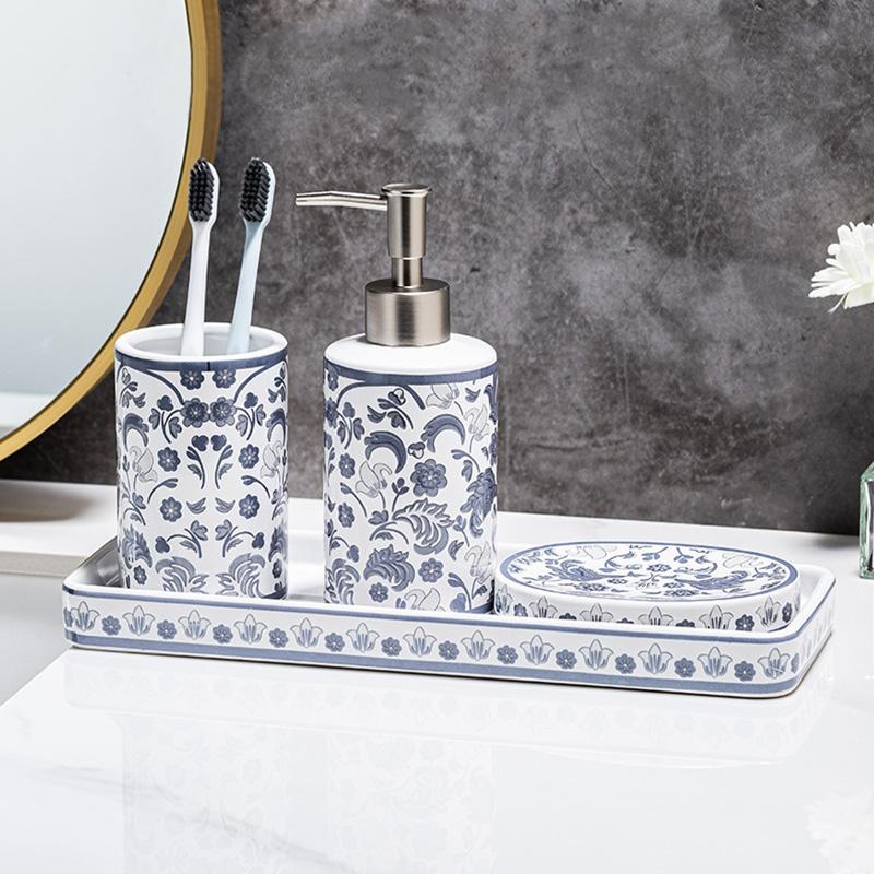 4pcs/set Floral Pattern Bathroom Refillable Liquid Soap Container Creative Ceramic Wash Set Accessories