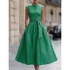 Women's Crew Neck Sleeveless Midi Dress Slim Fit Mid Waist Elegant Linen Blend Solid Color Button Front Tie Belt A-Line Dress