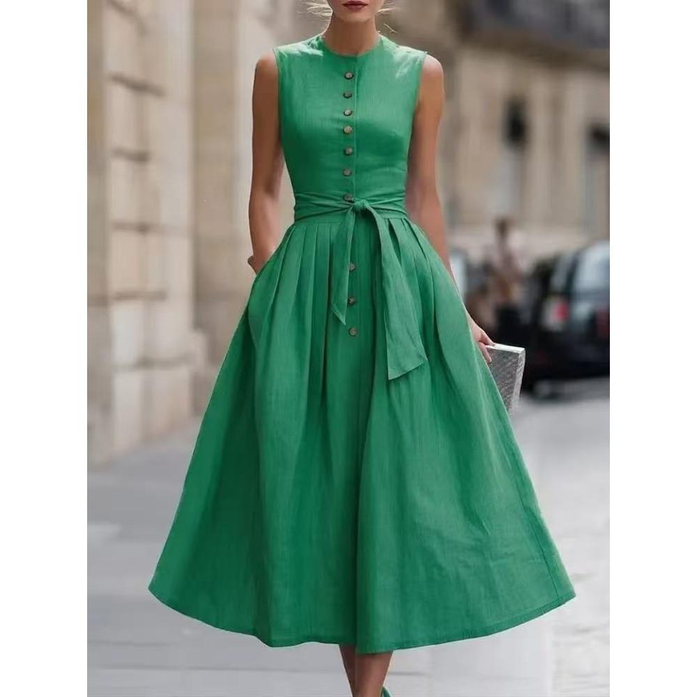 Women's Crew Neck Sleeveless Midi Dress Slim Fit Mid Waist Elegant Linen Blend Solid Color Button Front Tie Belt A-Line Dress