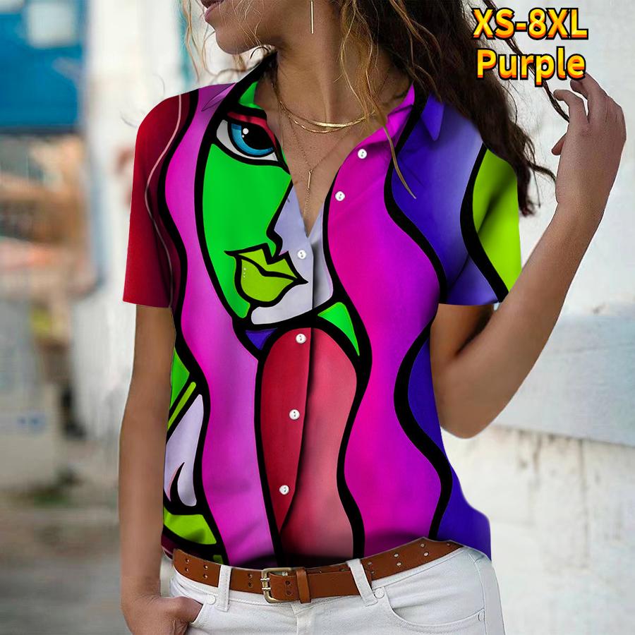 2025 Summer New Fashion Women's Abstract Printed Short Sleeve V-neck Casual Button-down Shirt Top