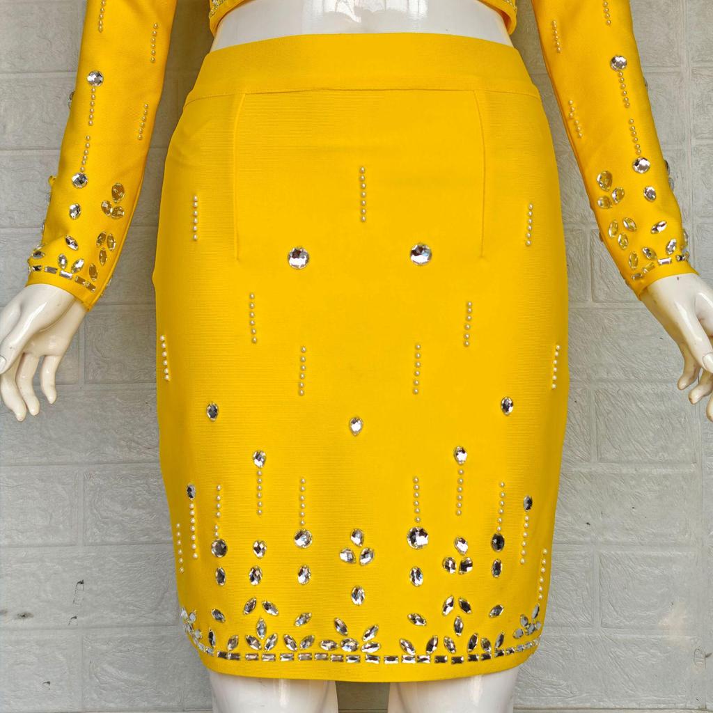 Chic French Socialite Rhinestone Bandage Top & Hip-Hugging Midi Mini Skirt Set