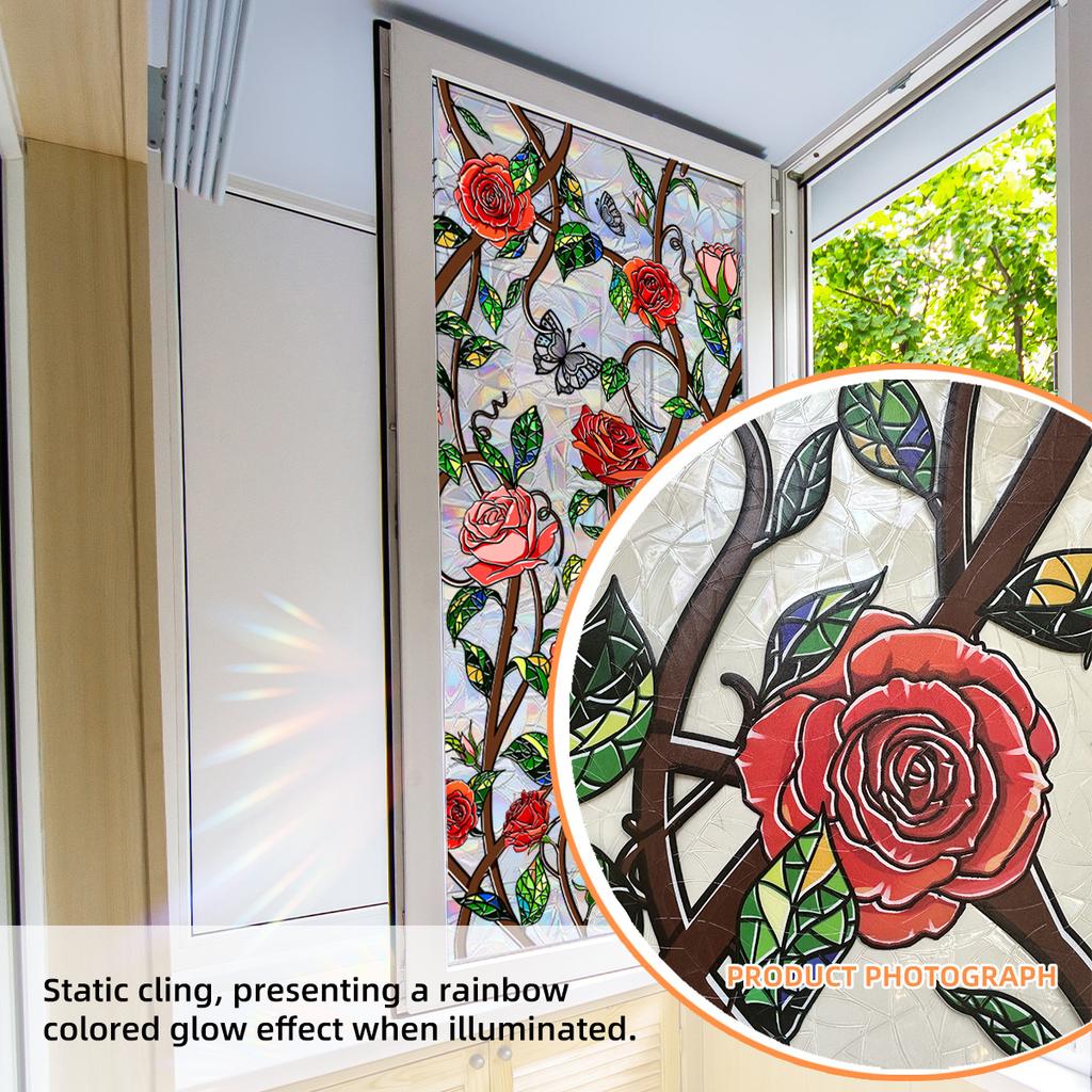Xc2017-Kq Bunte Sonnenlicht Rosenranke Retro Fensteraufkleber Doppelseitiger Druck Visueller statischer Fensteraufkleber PVC