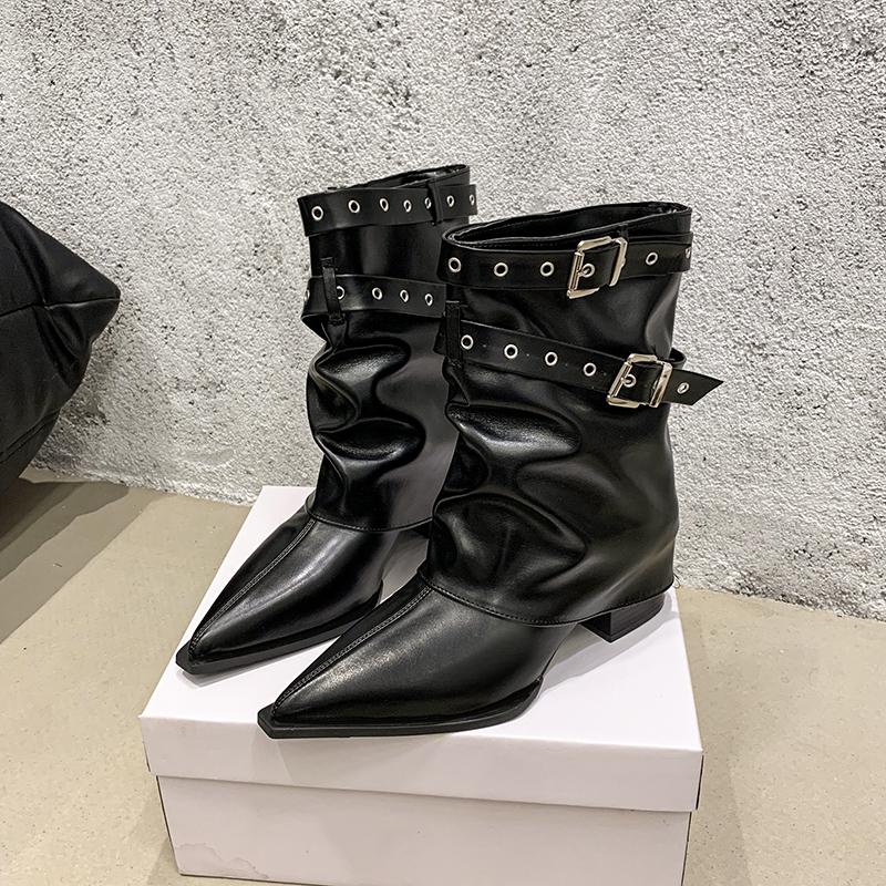 Fashion Autumn Vintage Thick Heel Women Western Cowgirl Boots Fashion Belt Buckle Ladies Elegant Slip On Mordern Mid Calf Booties