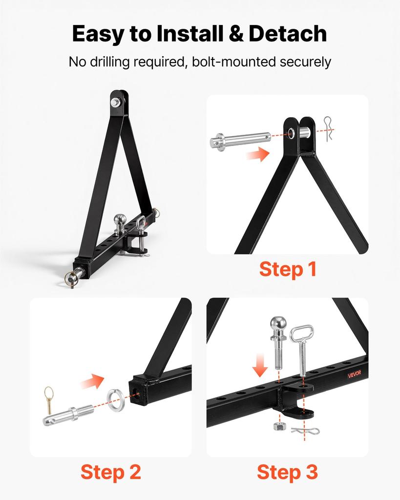 3 Point Trailer Hitch with Trailer Ball, 3 Pt Quick Hitch Attachment, Tractor Tow Drawbar Adapter, Compatible with Category 2 Tractor, Kubota,