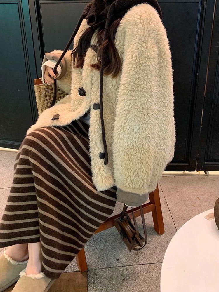 Women's High Waist Color Block Striped Midi Skirt - Winter Korean Style