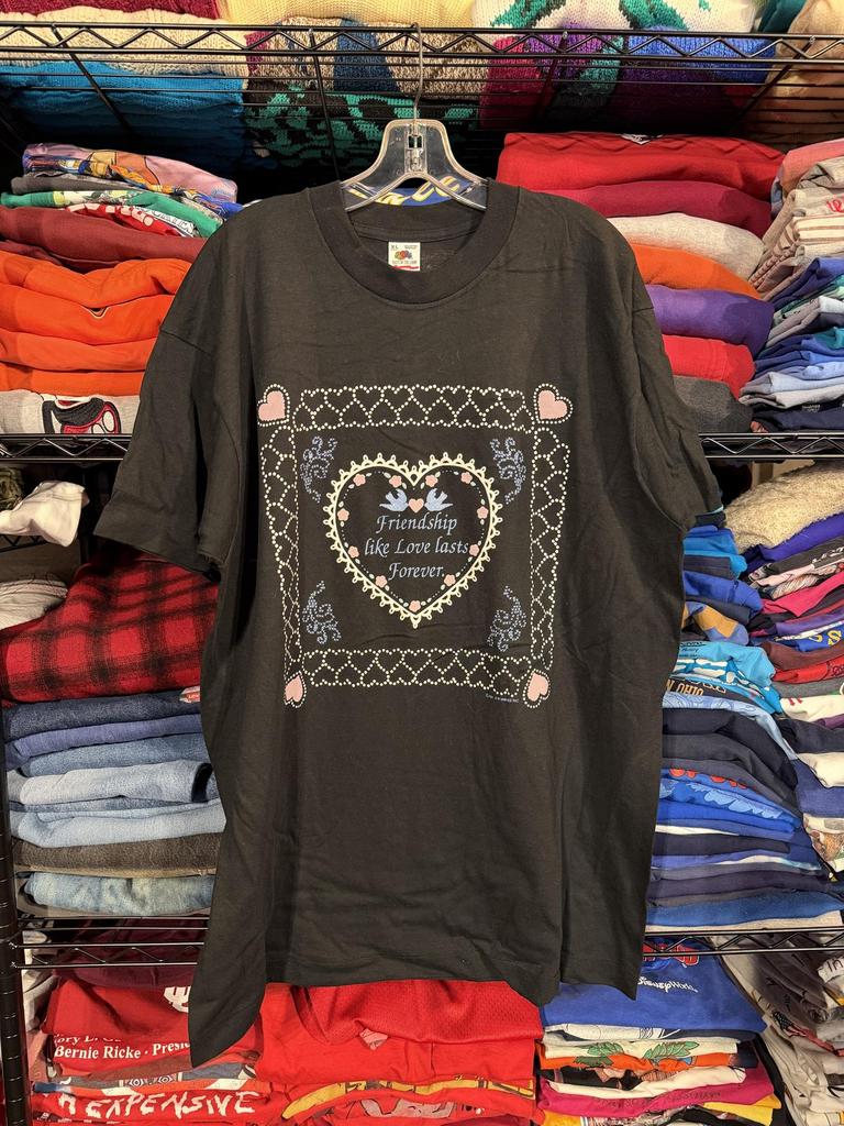 Vintage Fruit Of The Loom Shirt Mens XL Black Friendship Love Heart Graphic 90s Unisex T-Shirt