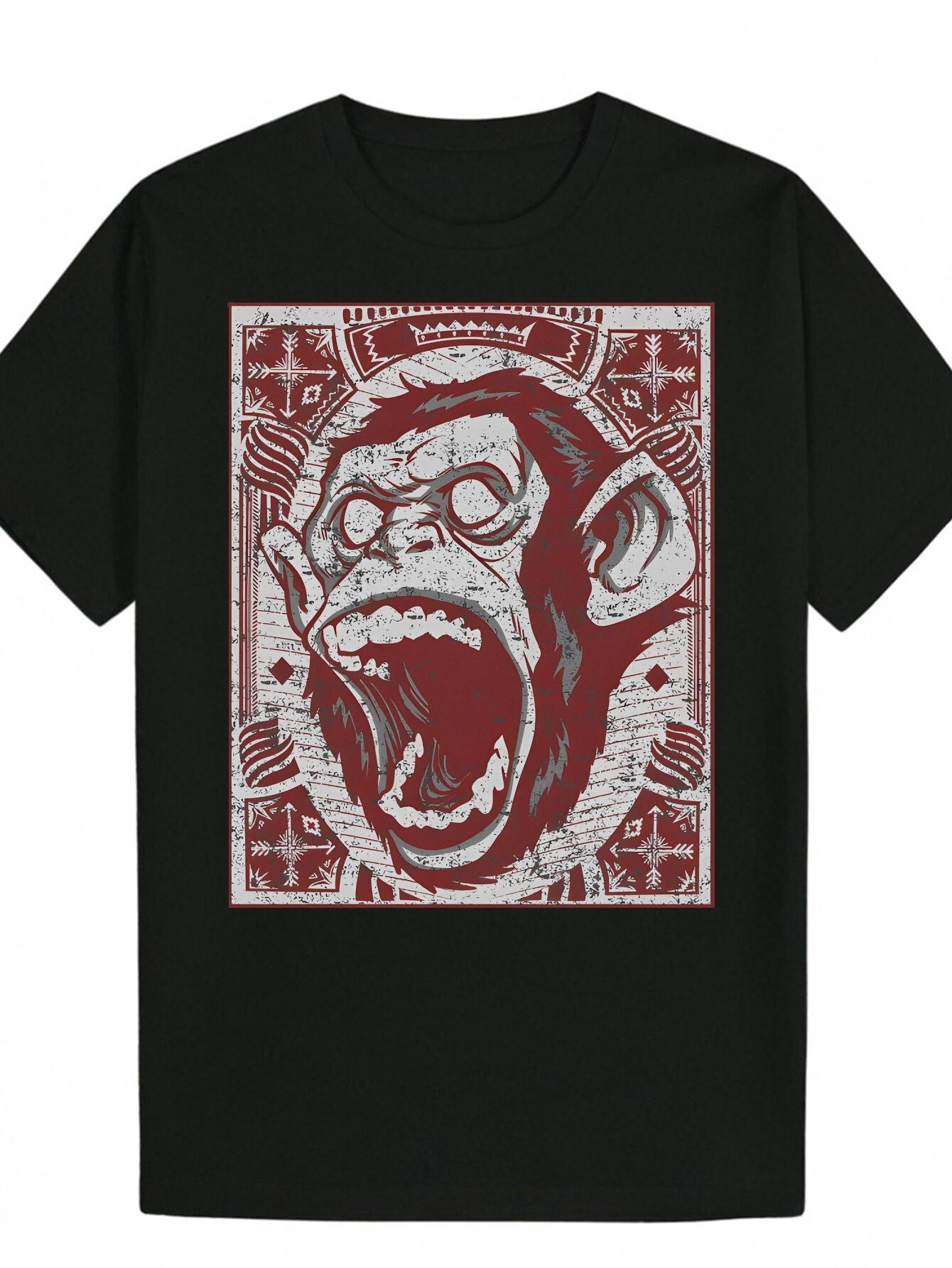 Crew Neck Polyester Animal Graphic T-shirt - Chimpanzee Design with Geometric Patterns S