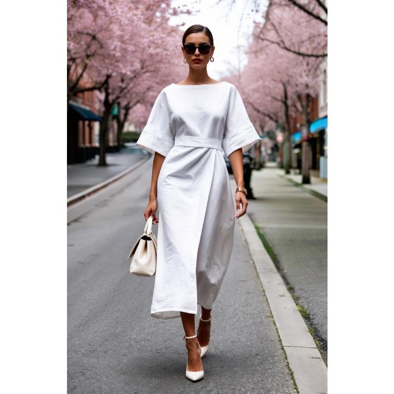 JKASHDK Dámská móda Léto Jaro Jednobarevný potisk 1/2 rukávy O-výstřih s vysokým pasem Ležérní šaty