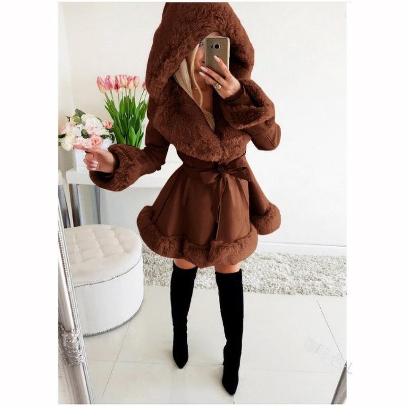 Fur Jackets Women Elegant Fur Belt Coat Streetwear Lapel Warm Hooded Jacket