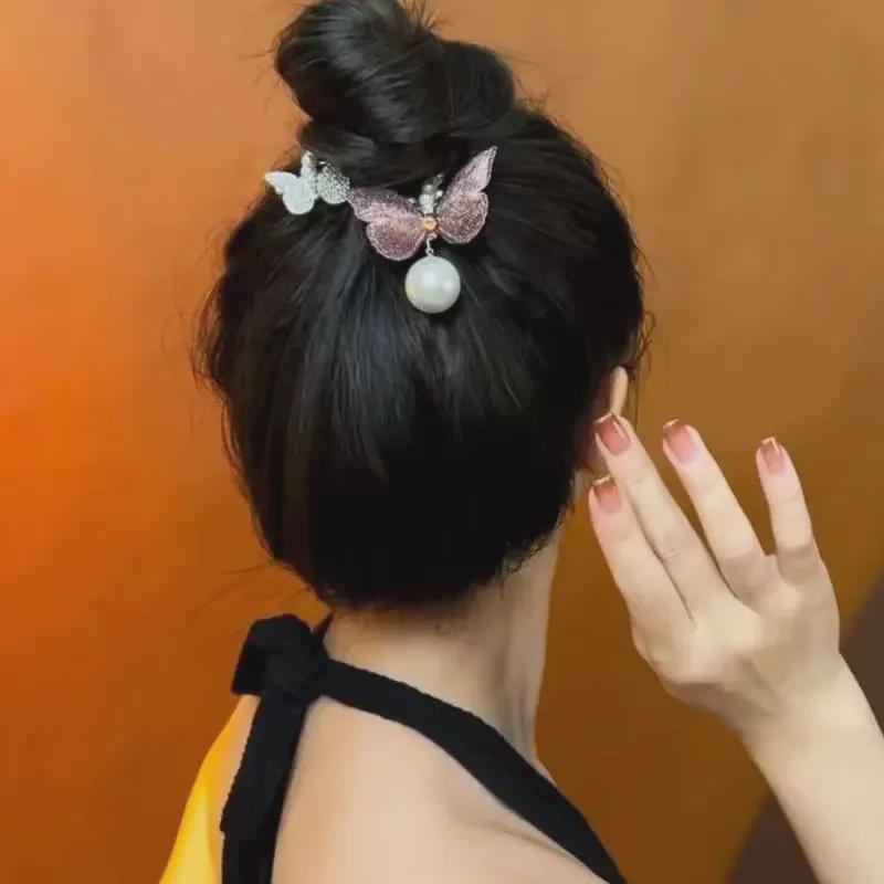 Elegant Rhinestone Butterfly Bun Hair Clip with Inverted Comb for Women