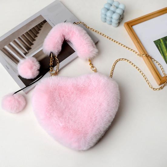 Lady Crossbody Bag Solid Color Fuzzy Faux Fur Decor Heart Shape Hollow