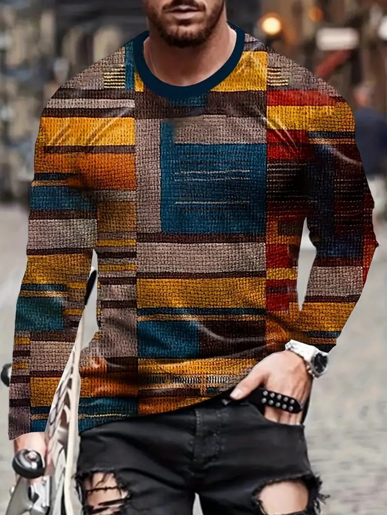 Vintage T-Shirt for Men Irregular Plaid Graphic T Shirts Round Neck Long Sleeve Tee Oversized Man Clothing Top Creative Clothing