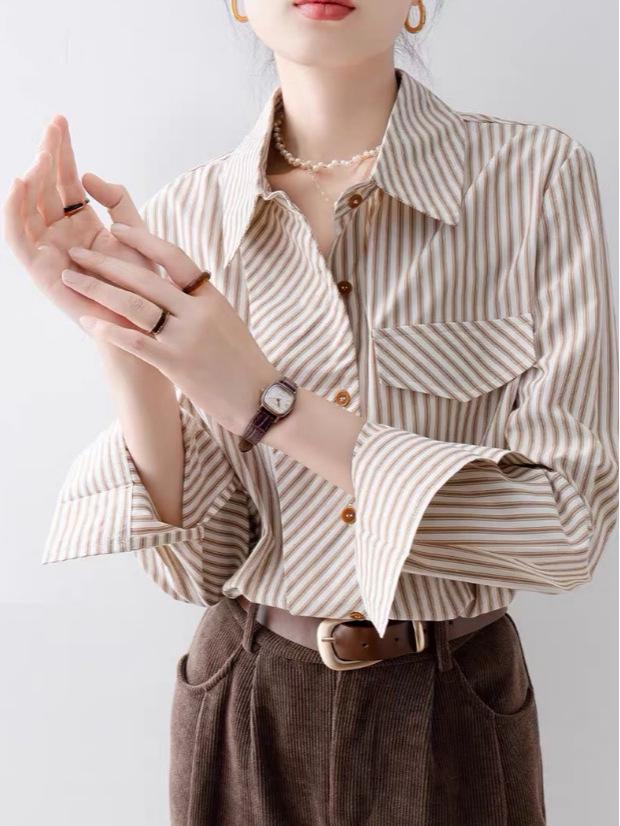 Chic Retro Striped Long-Sleeve Shirt for Women - 2025 Autumn Commuter Style