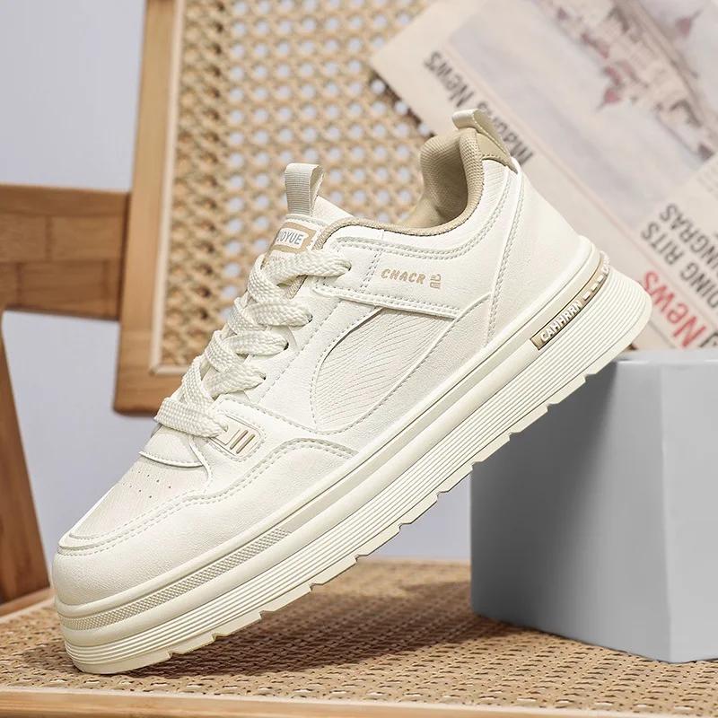 Men Casual Shoes Trend Men's White Shoes 2025 Spring Leather Surface Thick Sole Height Increasing Comfortable Casual Sneakers