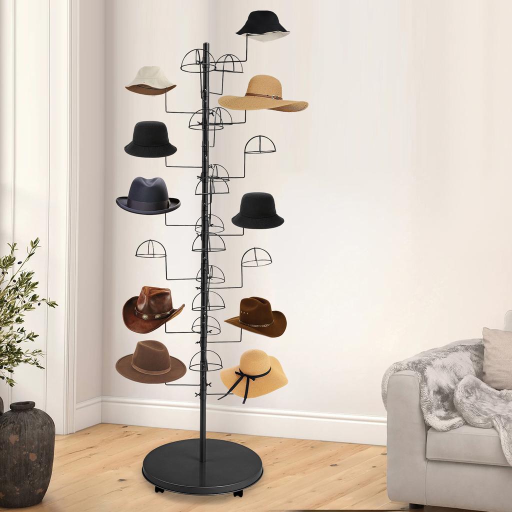 25-Hook Large Freestanding Hat Rack,Modern Black Carbon Steel Hat Display Stand (Holds 25 Caps/Hats) for Home/Store Organization