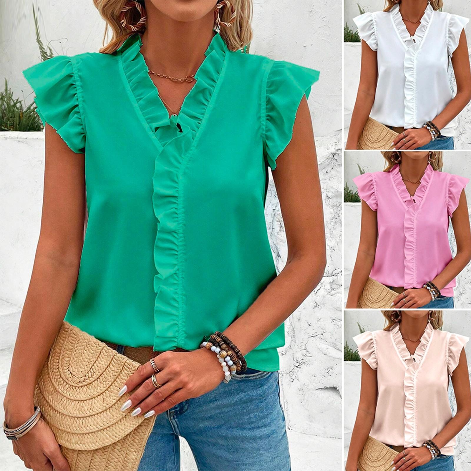 

Летняя однотонная рубашка с v-образным вырезом и оборками для женской рубашки без рукавов L бежевый