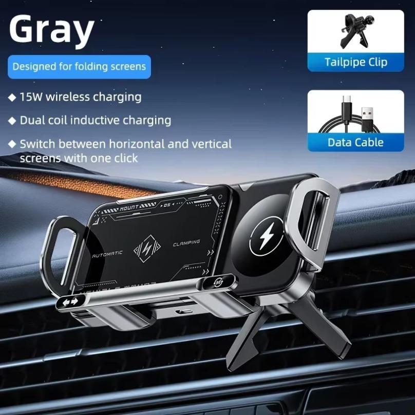 Dual Coil Fold Screen Car Fast Wireless Charger Stand Holder For  iPhone 16 15 14 Pro Max Samsung Galaxy Z Fold 6 5 4 S24 Ultra