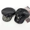 2000s Women Beret Hat Punk Rivet Decors Flat Top Cap Breathable PU Leather Octagonal Hat for Casual and Cosplay Wear