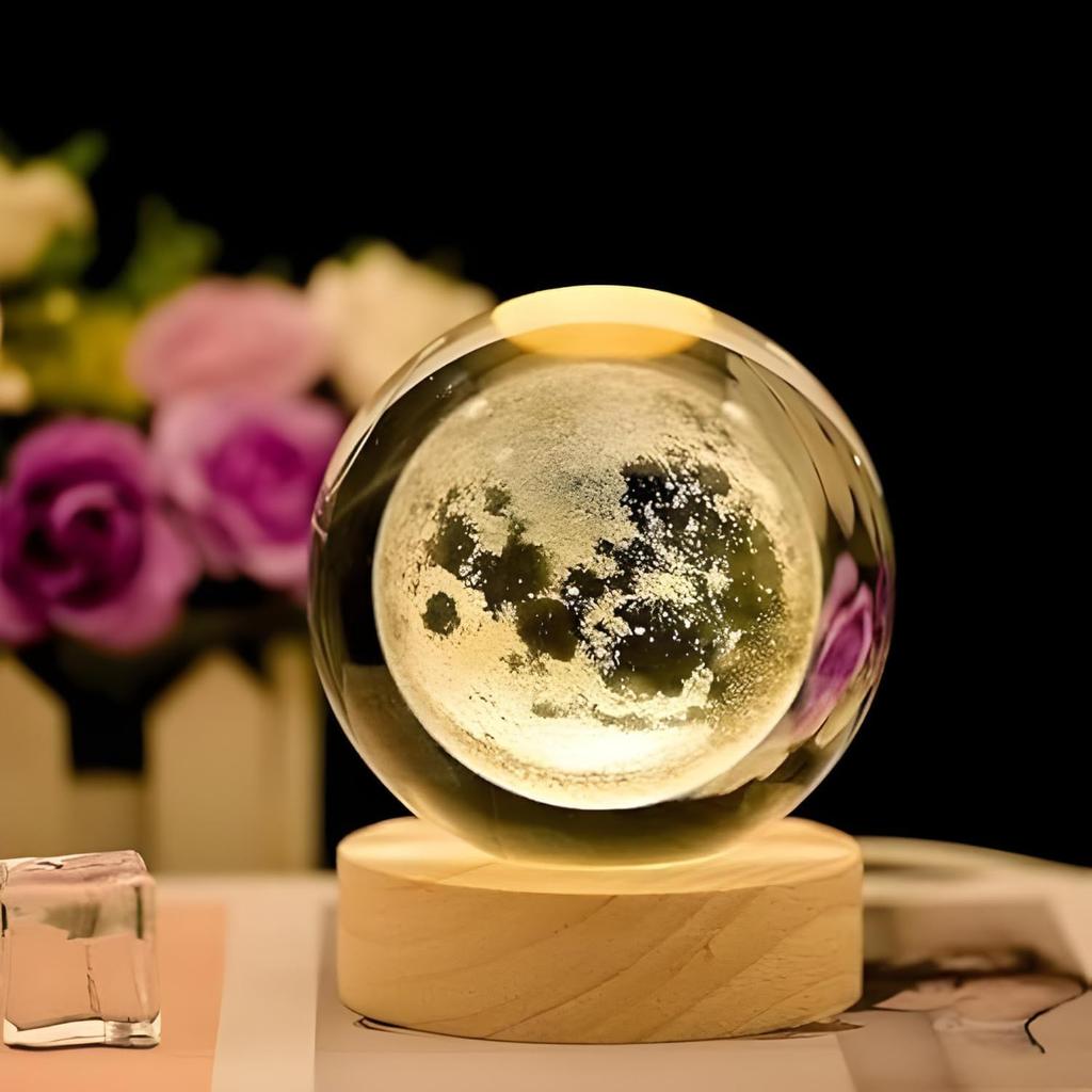 Moon Crystal Ball Night Light, Glass Ball Night LED Lamp With Wooden Base