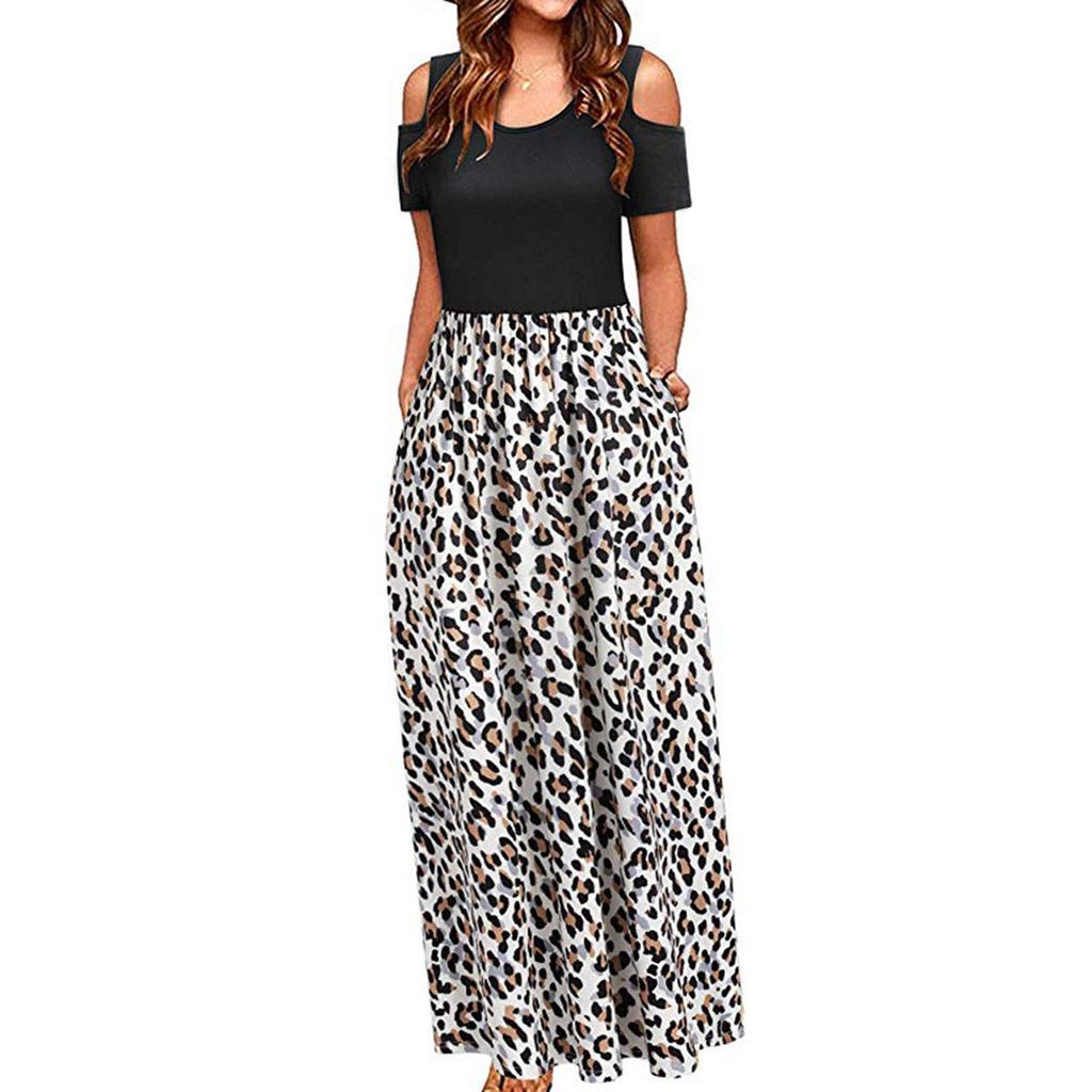 Women' Cold Shoulder Pocket Floral Print Elegant Maxi Short Sleeve Casual Dress