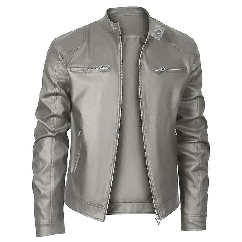 High quality men's stand-up collar European size leather jacket zipper pocket decorative leather jacket locomotive men's leather jacket