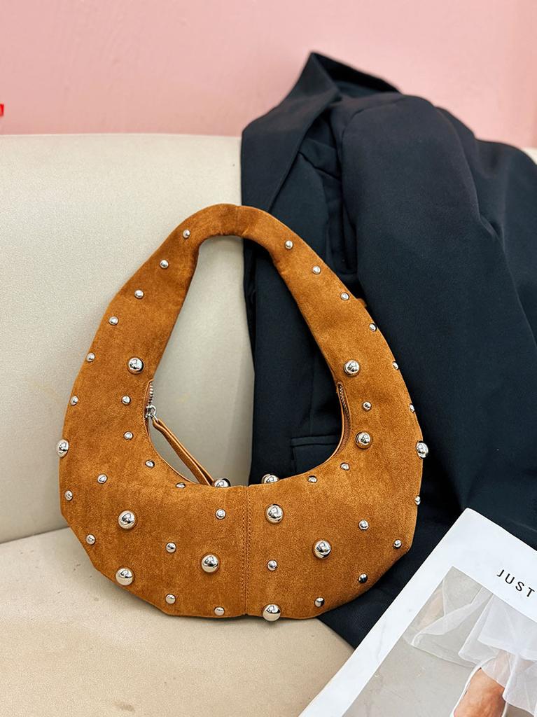 Vintage Rivet Faux Suede Halfmoon Women Shoulder Bags Designer Punk Lady Handbags Luxury Pu Leather Underarm Bag Small Purse2025