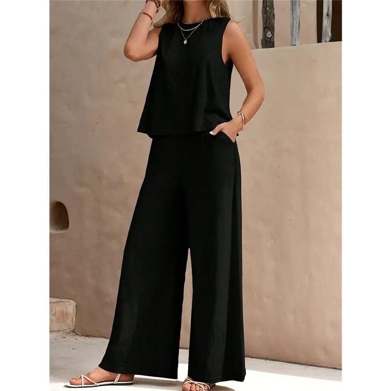 Women's Elegant Solid Color Matching Set Sleeveless Blouse And Wide Leg Pants