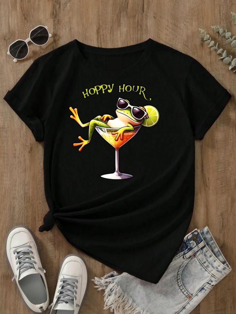Funny Happy Hour Frog T- Shirt, Cocktail Glass Drinking Martini Pun Graphic Tee