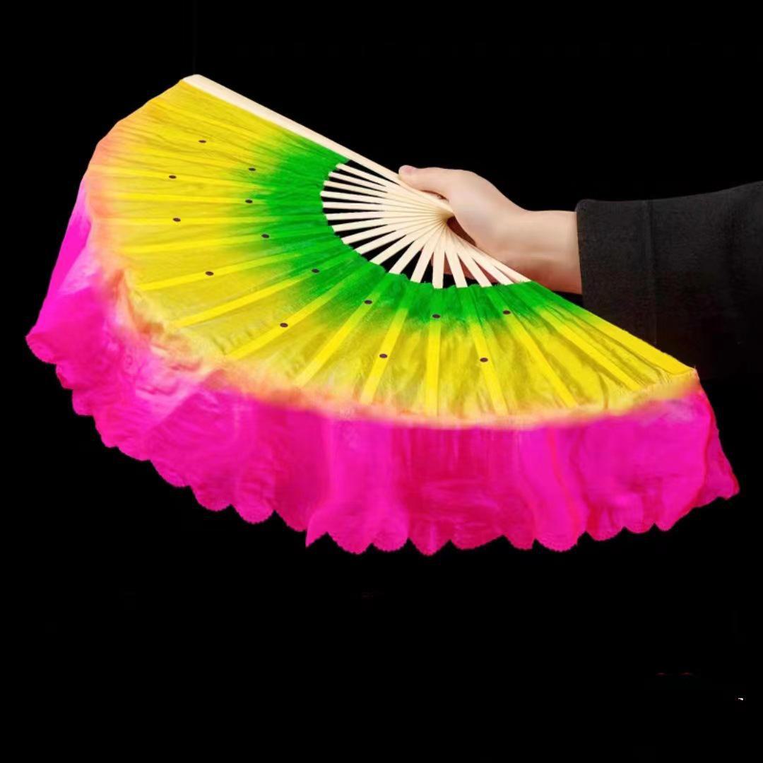 

Длинный шелковый веер для танцев с трехцветным градиентом и двухсторонним рисунком пламени floating head 10 cm left hand зелёный/жёлтый