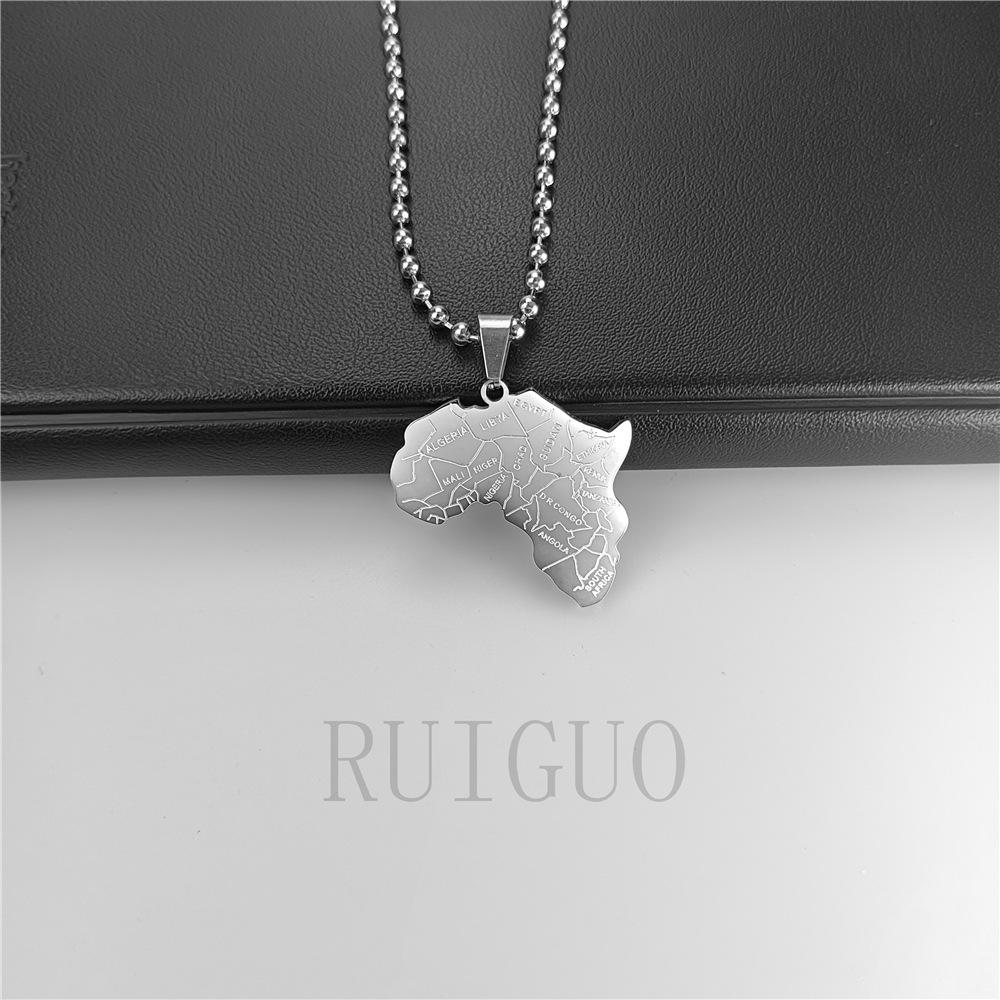 Stainless Steel Engraved Men's Tropical Rainforest Continent Pendant Necklace