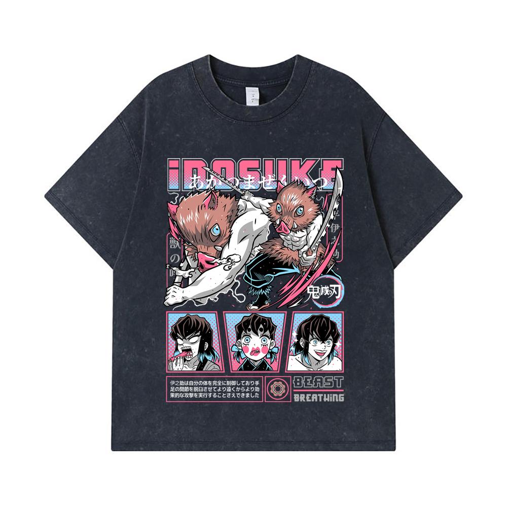 275 GSM Washed T-shirts 100% Cotton Demon Slayer V28 Inosuke Print Unisex Heavy Cotton T Shirt