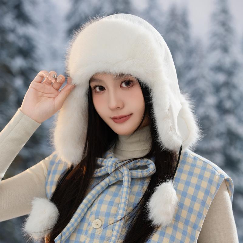 Winter Outdoor Cold and Warm Piled Thickened Warm Rabbit Plush Ear Protector Strap Hat