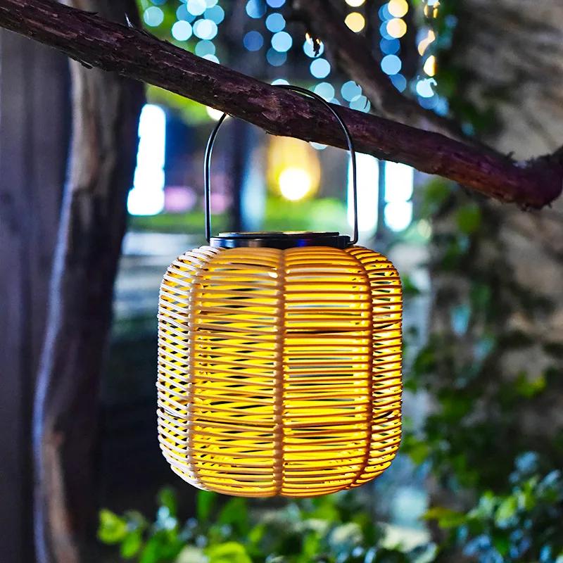 Neue Bambuskunst Solarleuchte Außen Rattan Bambus Tragbare Hängelampe Hofdekoration Chinesische Retro Gartenlaterne