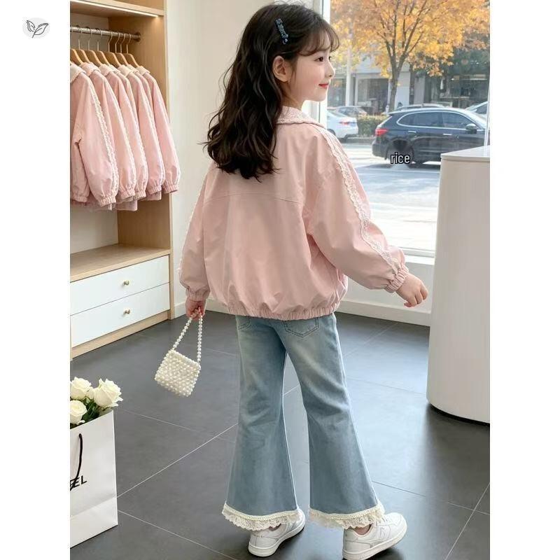 Girls' Lace Trim Short Cardigan with Sweet Lapel and Zipper for Autumn 2026