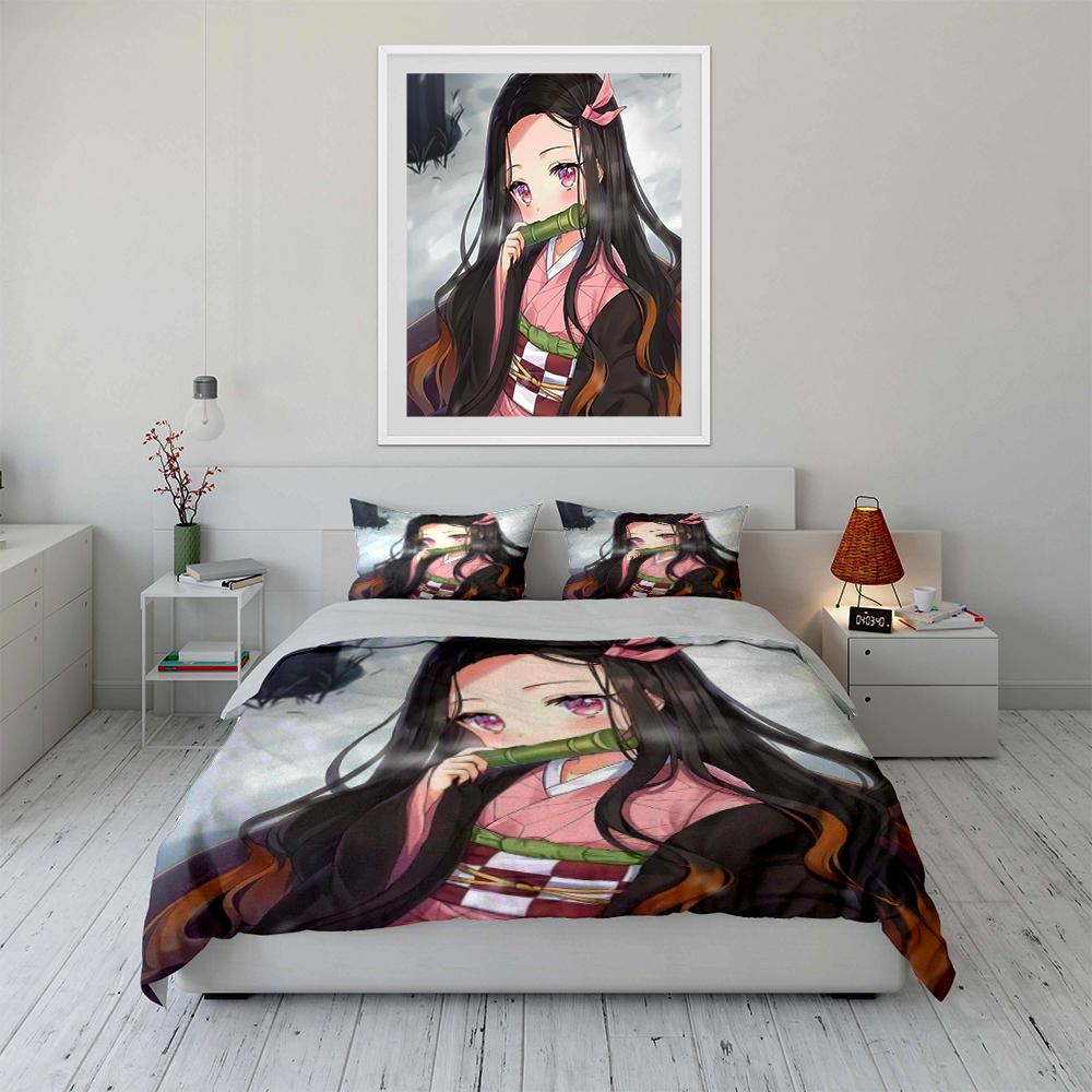 Anime Girl Pink Kimono 3-Piece Bedding Set Bedding set (1 duvet cover, 2 pillowcases, duvet not included)