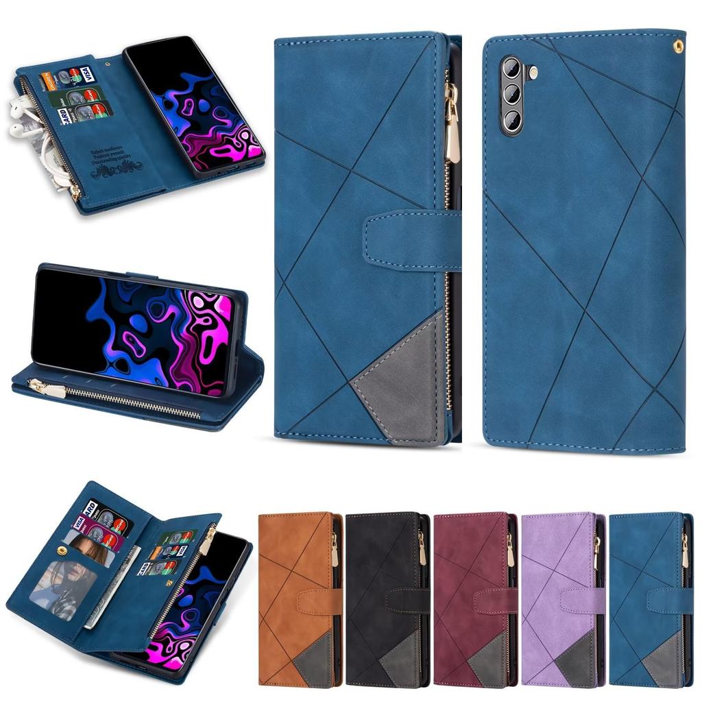 Suitable for Samsung S21 mobile phone leather case iPhone14 contrasting color multi-card zipper wallet S23plus hand strap