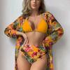 2025 European & American Lace Print Bikini Three-Piece Cover-up Set for Women