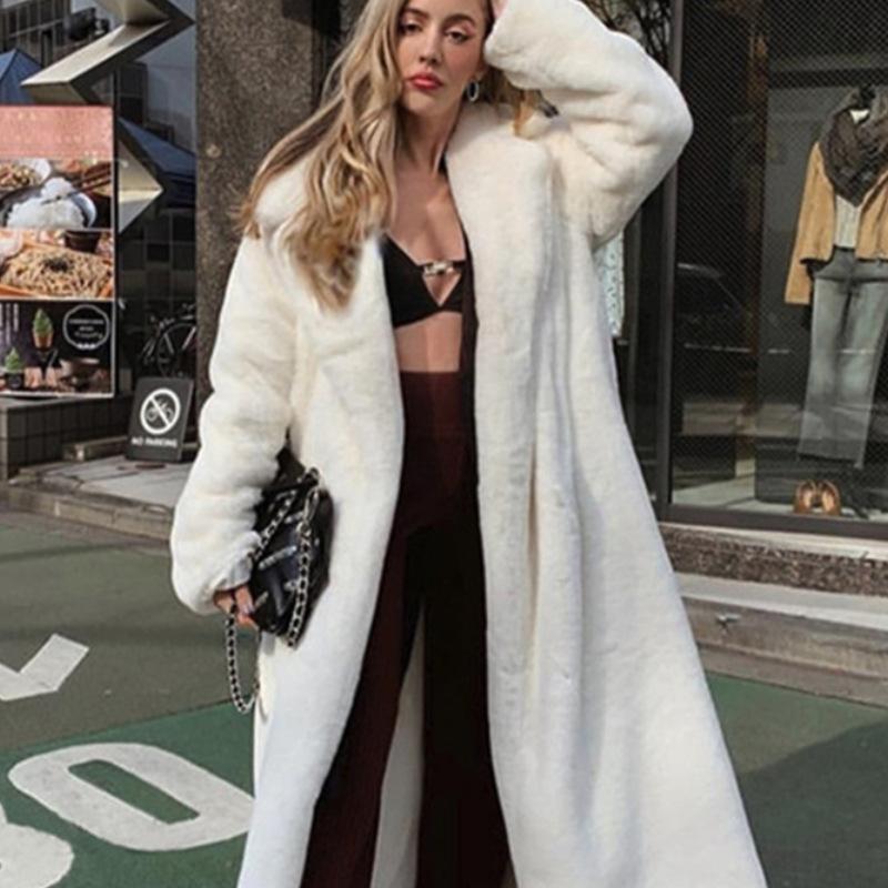 Women's Winter Warm Faux Fur Coat Thick Women's Long Coat with Turn-down Collar, Women's Warm Coat with Belt Casaco Feminino