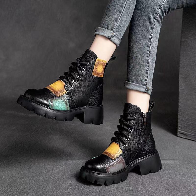 Retro thick heel Martin boots women's 2025 autumn and winter new soft leather color matching ethnic style short boots high heel waterproof table singl