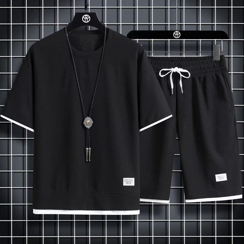 Waffle Men's Summer Short Sleeve And Shorts Two Piece Sets Sports Casual Tracksuit Men Comfortable Cool Shorts Oversized Set