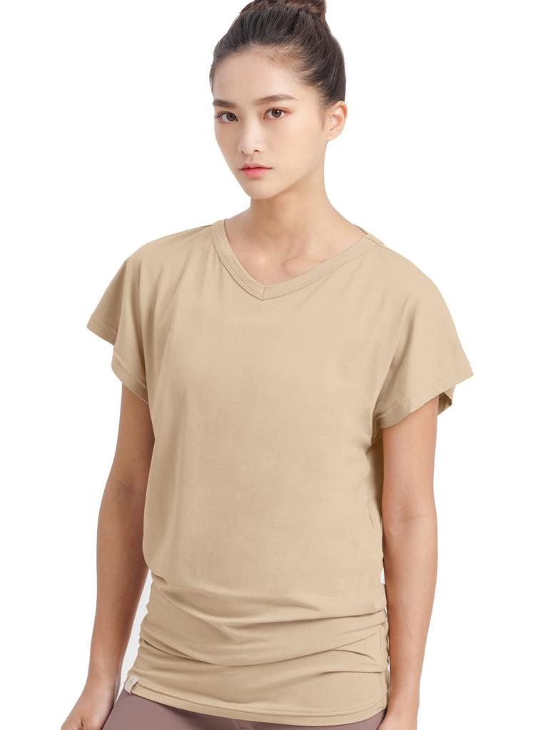 Loopa Dolman Yoga Hot Sports Short Skin Size M V-Neck Tee, Wear, Yoga, Top, Sleeve, Beige,
