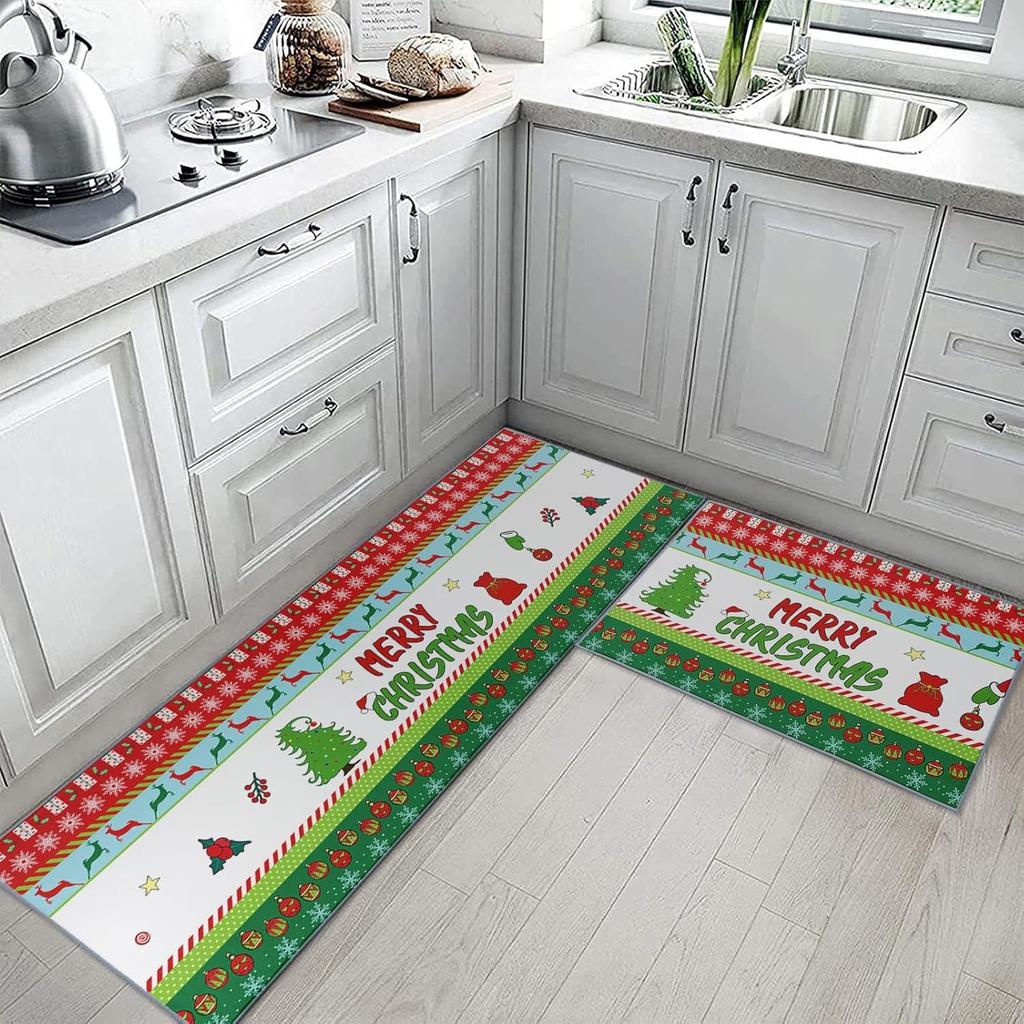 Christmas Kitchen Mat Household Kitchen Water-Absorbing And Dirt-Resistant Long Strip Two-Piece Set Foot Mat Decorative Floor Mat