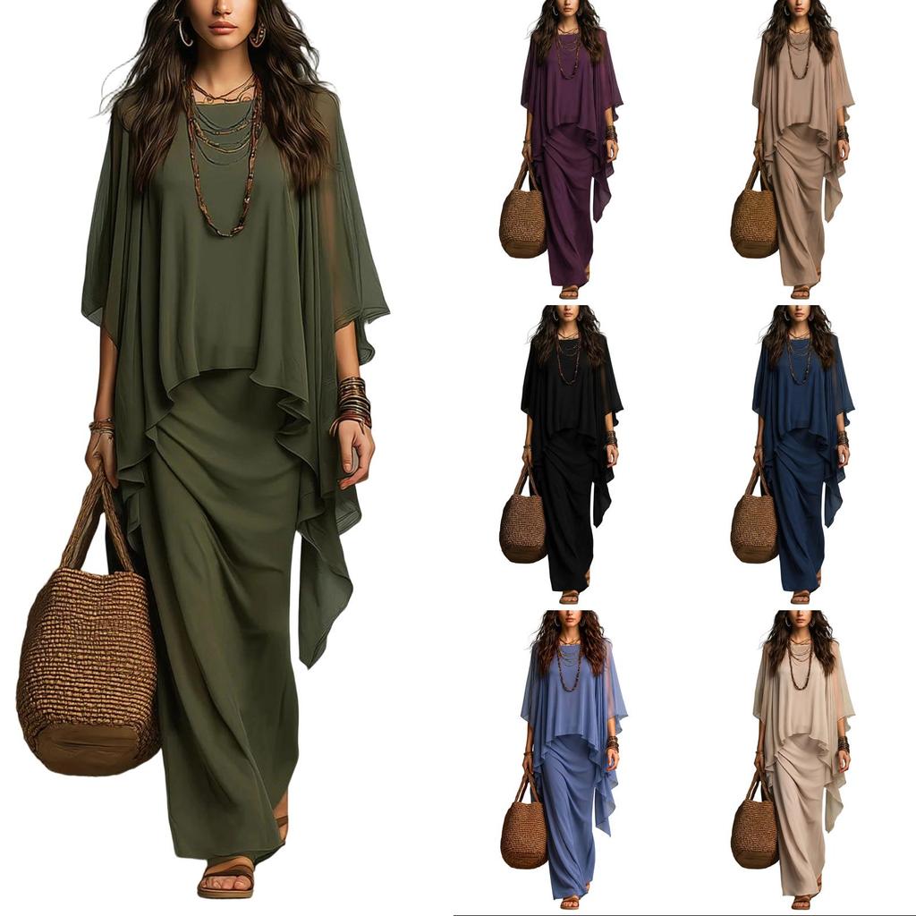 Ensemble robe longue deux pièces en mousseline pour femme avec châle enveloppant pour les vacances d'été