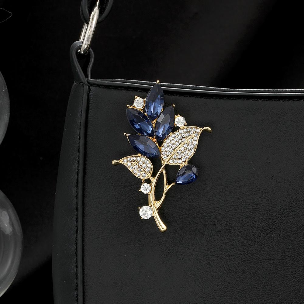 Elegant Blue Crystal Leaf Rhinestone Brooch for Women - Luxurious Design for Suits and Cheongsams
