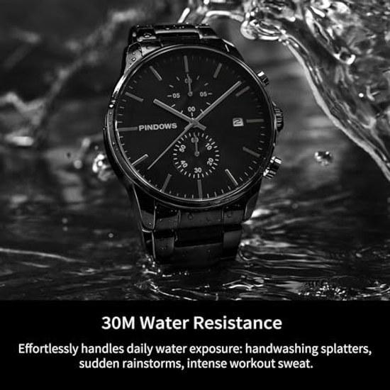 PINDOWS Mens Watch Black - Simple Stainless Steel Chronograph Business Date Display